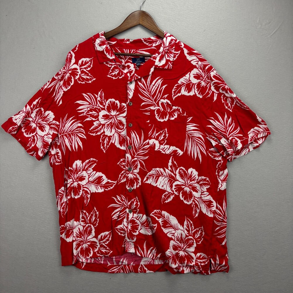 George Hawaiian Shirt Mens 2XL Red White Hibiscus Floral Aloha Button Up Vacay